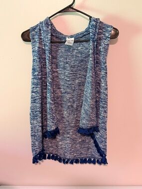 Blue Marled Open Front Tassel Hem Vest
